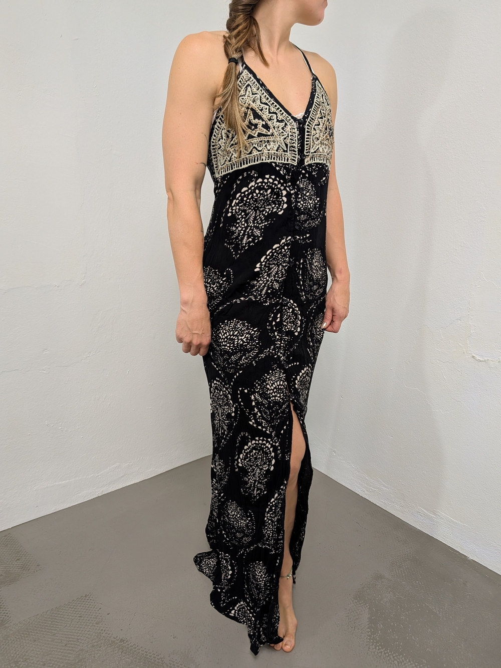 O'Neill Anissa Boho Paisley Print Embroidered Bodice Maxi Dress (L)